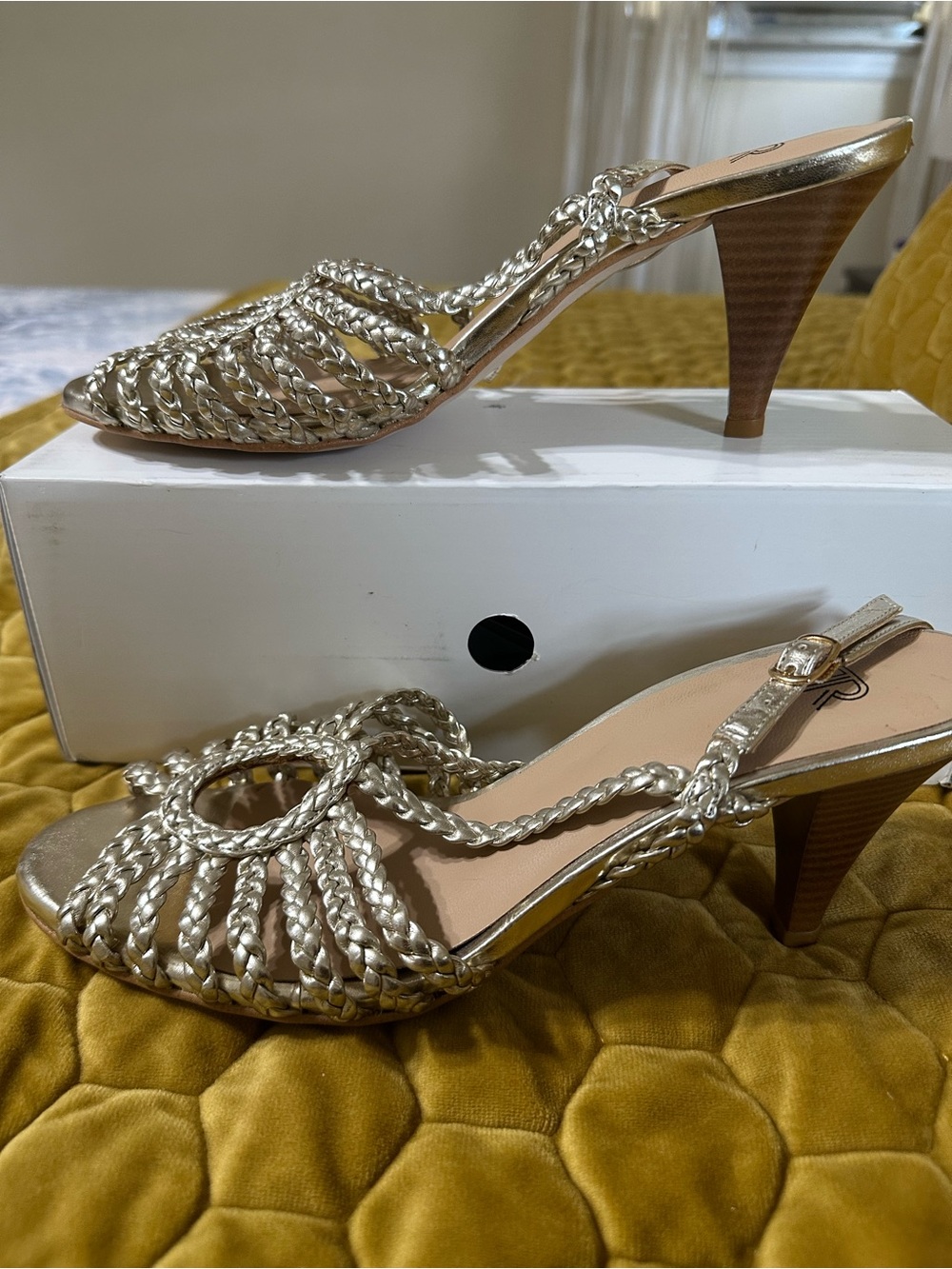 Braided Metallic Slingback Heels in Gold